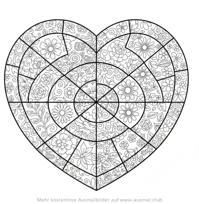 Herzförmiges Patchwork mit floralen Mustern Ausmalbild