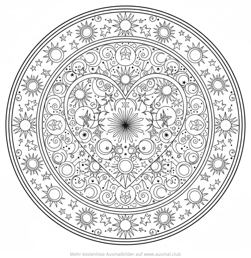 Herz-Kosmos Ausmalbild mit Sternen, Monden und Sonnen