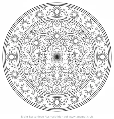 Herz-Kosmos Ausmalbild mit Sternen, Monden und Sonnen