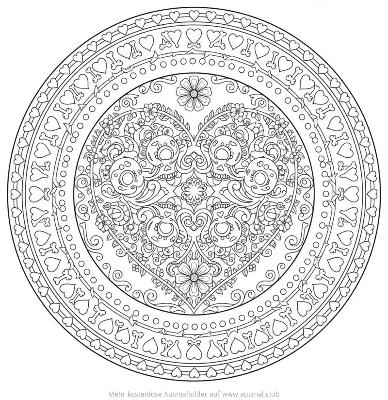 Herz-Mandala mit Totenkopf-Motiven Ausmalbild