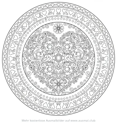 Herz-Mandala mit Totenkopf-Motiven Ausmalbild