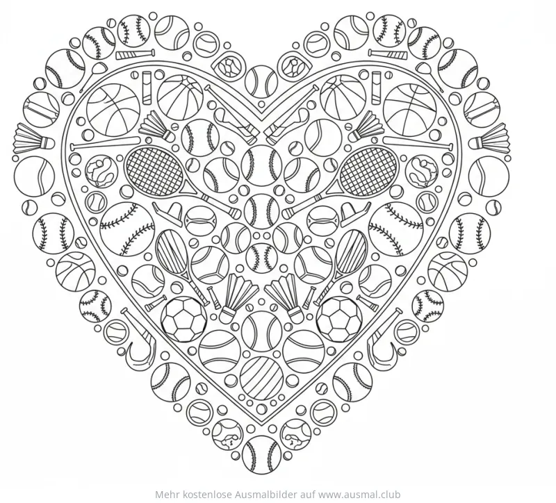 Herzförmiges Ausmalbild gefüllt mit Sportgeräten