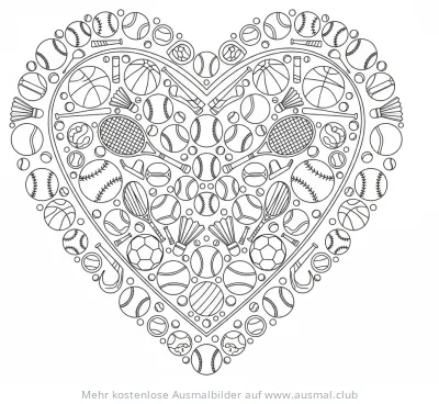 Herzförmiges Ausmalbild gefüllt mit Sportgeräten
