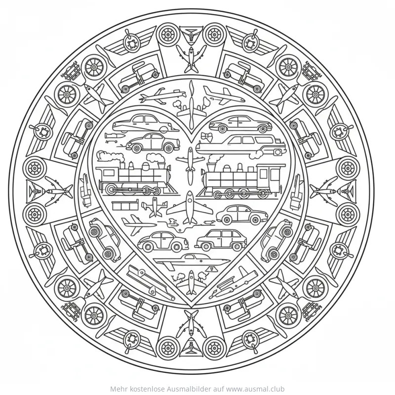 Herz-Mandala mit Autos, Flugzeugen und Lokomotiven Ausmalbild