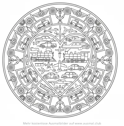 Herz-Mandala mit Autos, Flugzeugen und Lokomotiven Ausmalbild