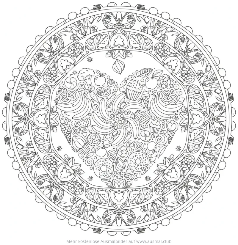 Herzförmiges Mandala mit Nahrungsmitteln Ausmalbild