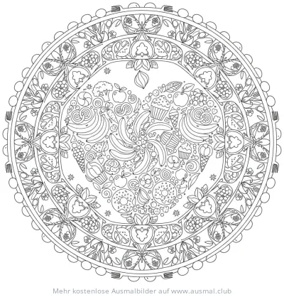 Herzförmiges Mandala mit Nahrungsmitteln Ausmalbild