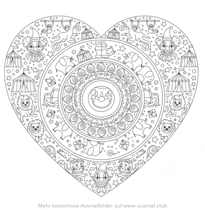 Zirkus Herz Mandala Ausmalbild mit Clowns, Elefanten, Löwen und Zirkuszelten