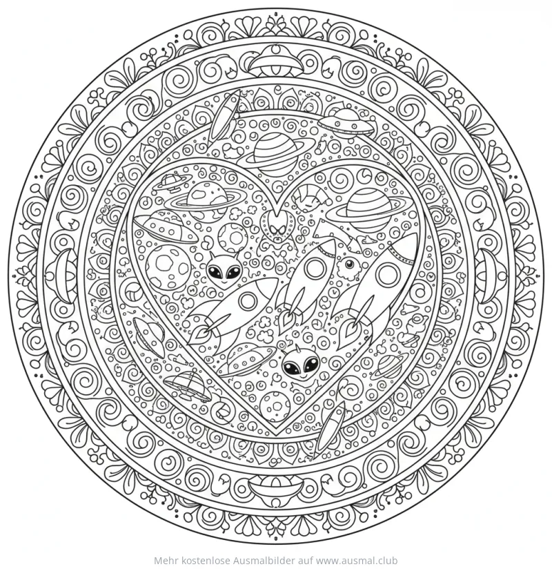 Weltraum Herz Mandala Ausmalbild mit Raketen, Planeten und Aliens