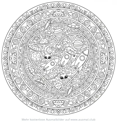 Weltraum Herz Mandala Ausmalbild mit Raketen, Planeten und Aliens