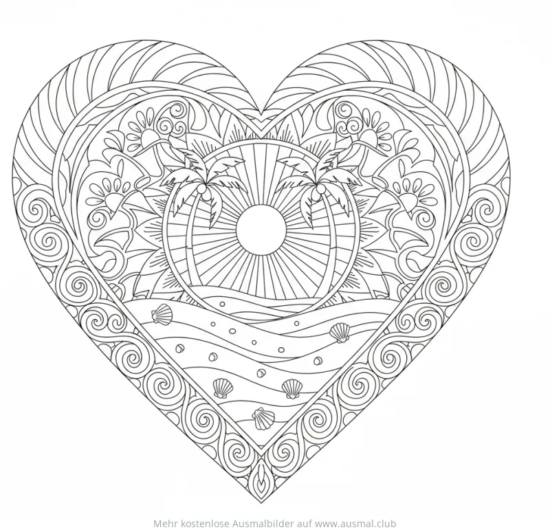 Herz-Mandala Ausmalbild mit Strandmotiv: Palmen, Sonne, Wellen, Muscheln