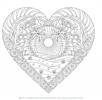 Herz-Mandala Ausmalbild mit Strandmotiv: Palmen, Sonne, Wellen, Muscheln