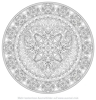 Herz Mandala Ausmalbild mit floralen und geometrischen Mustern