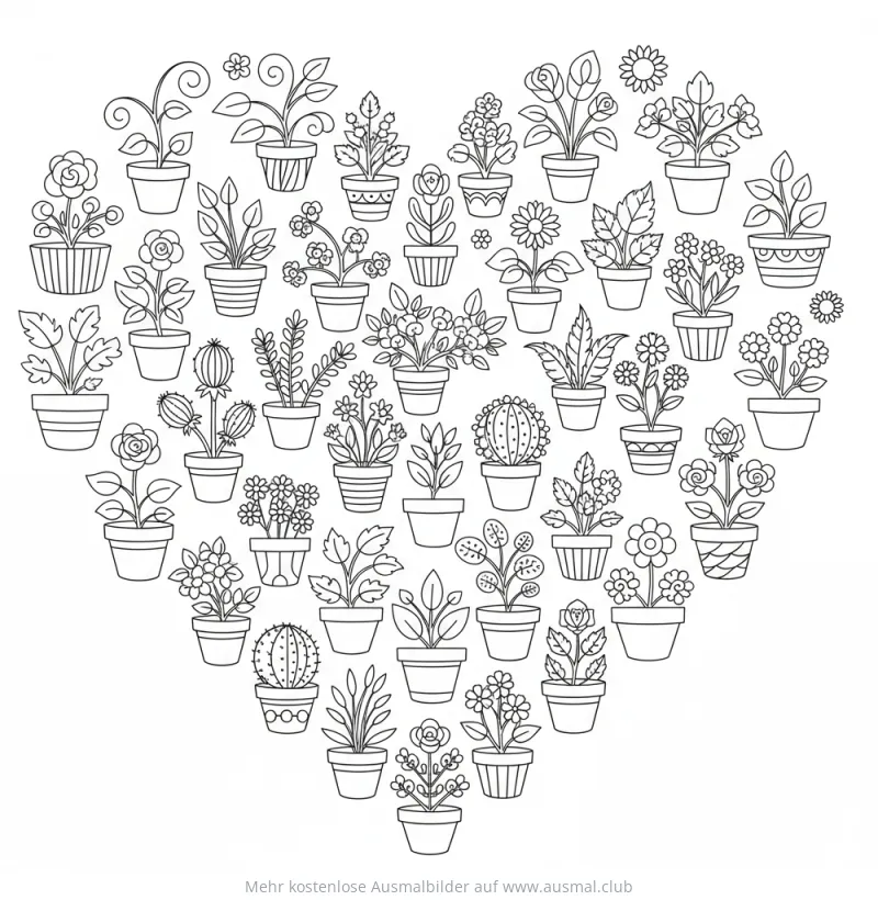 Herzförmiges Ausmalbild mit vielen verschiedenen Pflanzen in Töpfen