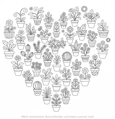 Herzförmiges Ausmalbild mit vielen verschiedenen Pflanzen in Töpfen