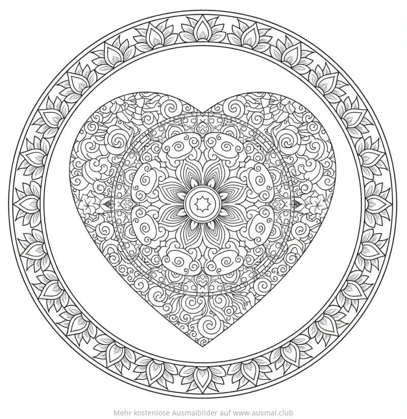 Herz Mandala Ausmalbild mit floralen Mustern