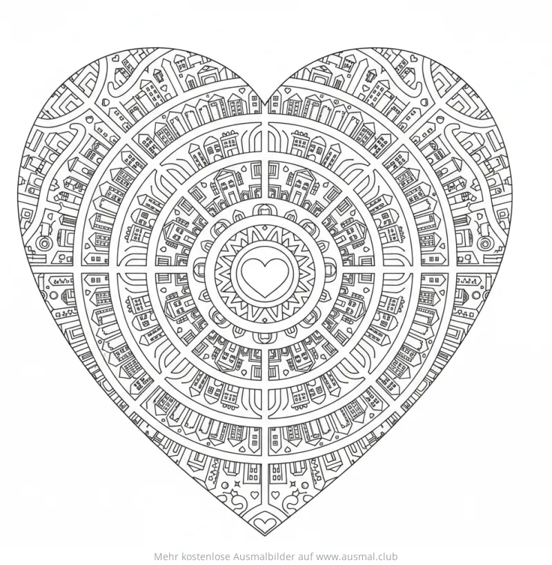 Herzförmiges Mandala Ausmalbild mit Stadtmotiv