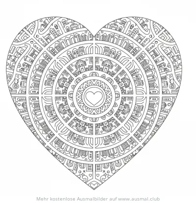 Herzförmiges Mandala Ausmalbild mit Stadtmotiv