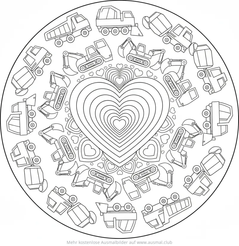 Baustellenfahrzeuge Herz-Mandala Ausmalbild