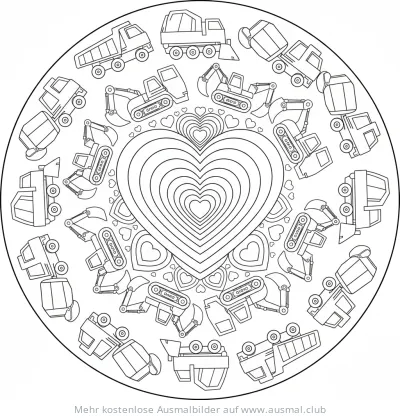Baustellenfahrzeuge Herz-Mandala Ausmalbild