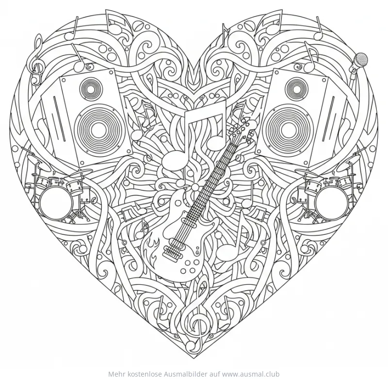 Herzförmiges Ausmalbild mit Gitarre, Lautsprechern und Schlagzeug