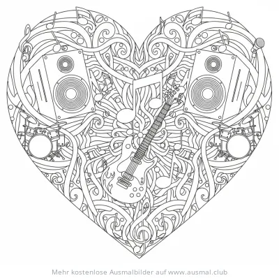 Herzförmiges Ausmalbild mit Gitarre, Lautsprechern und Schlagzeug