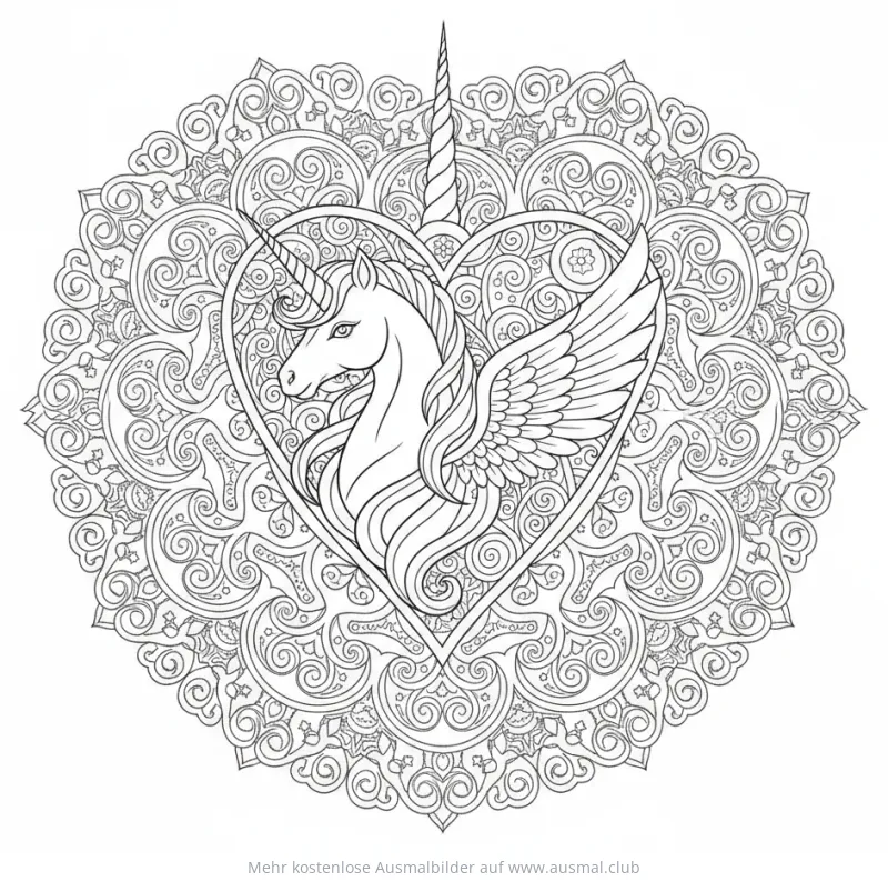 Einhorn mit Flügeln im Herz-Mandala Ausmalbild