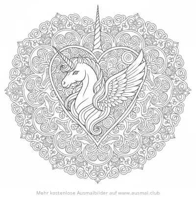 Einhorn mit Flügeln im Herz-Mandala Ausmalbild
