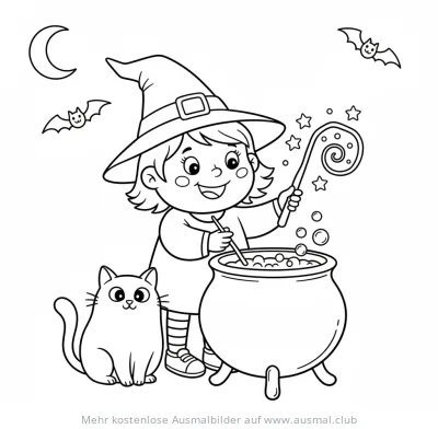 Hexe kocht Zaubertrank im Kessel Ausmalbild