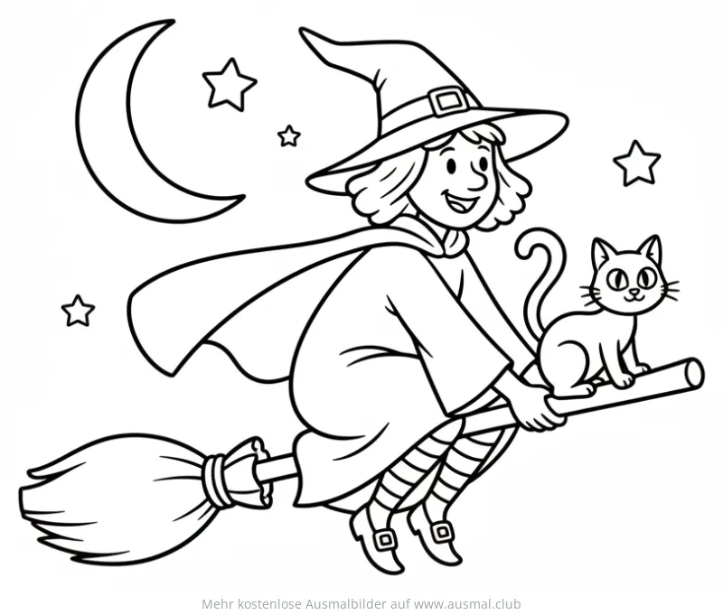 Hexe mit Katze auf Besen Ausmalbild