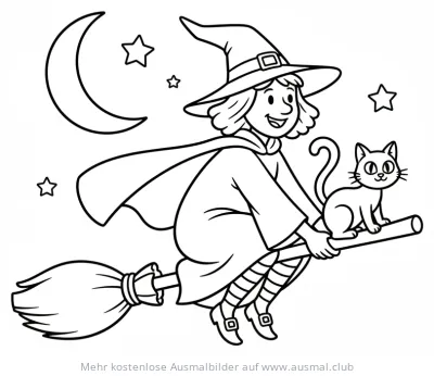 Hexe mit Katze auf Besen Ausmalbild
