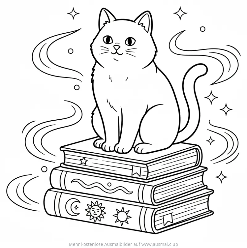 Katze sitzt auf Bücherstapel Ausmalbild