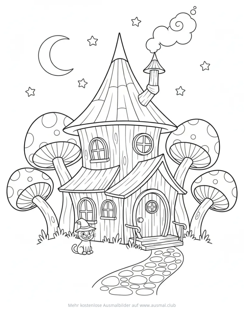 Hexenhaus mit Katze und Pilzen Ausmalbild