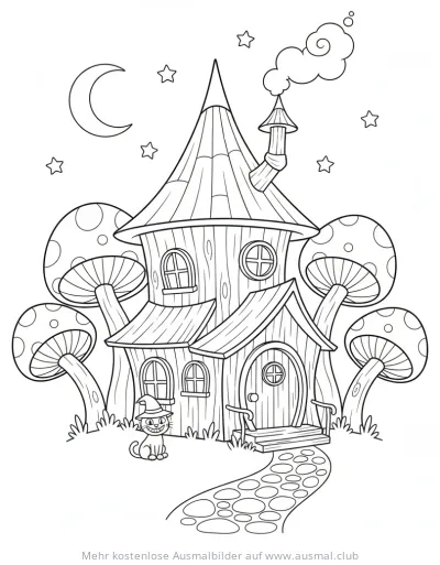 Hexenhaus mit Katze und Pilzen Ausmalbild