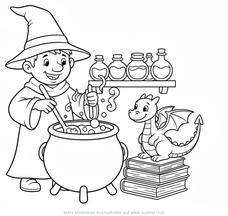Zauberer braut Trank neben Drachen auf Bücherstapel Ausmalbild