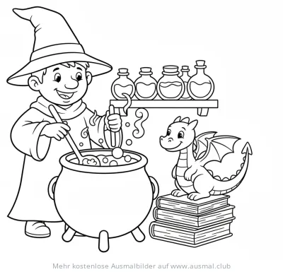 Zauberer braut Trank neben Drachen auf Bücherstapel Ausmalbild