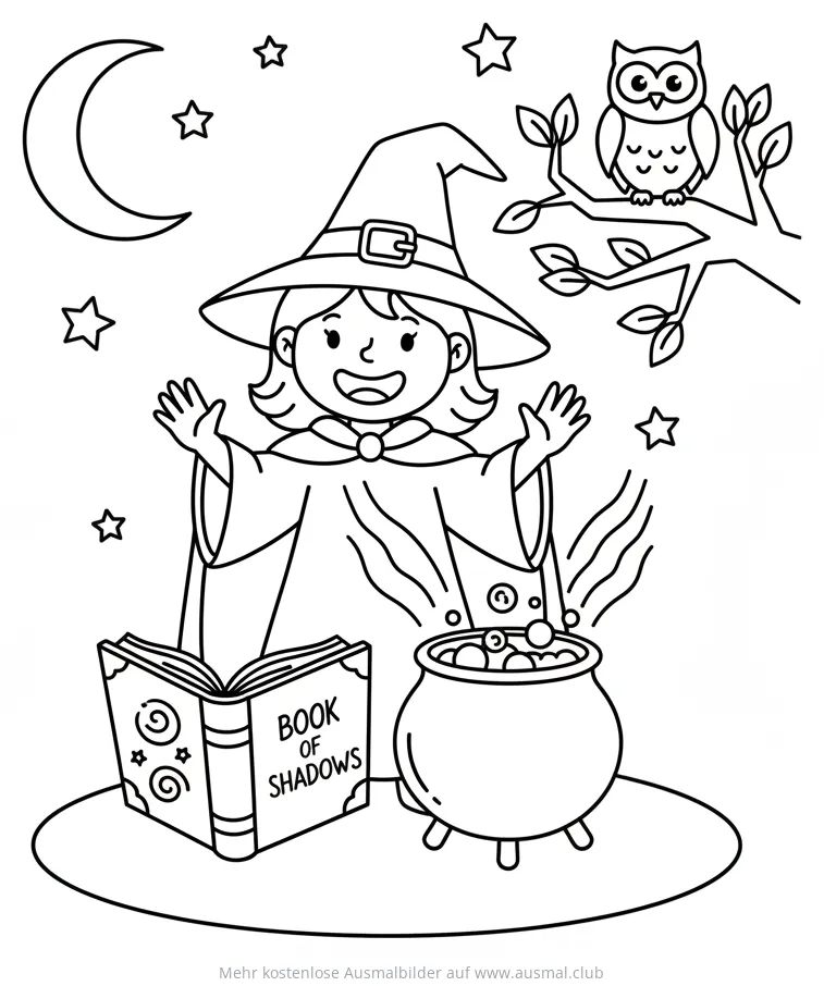 Hexe mit Zaubertrank, Buch der Schatten und Eule Ausmalbild