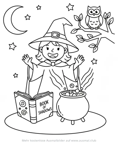 Hexe mit Zaubertrank, Buch der Schatten und Eule Ausmalbild