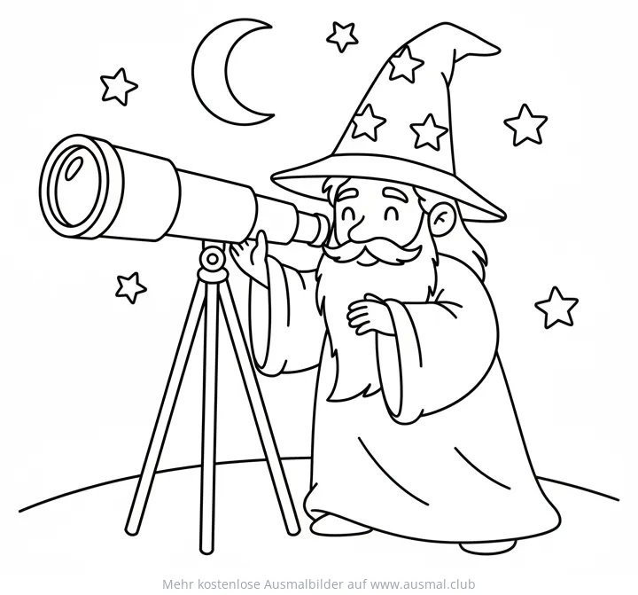 Zauberer mit Teleskop und Sternen Ausmalbild