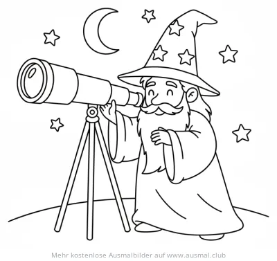 Zauberer mit Teleskop und Sternen Ausmalbild