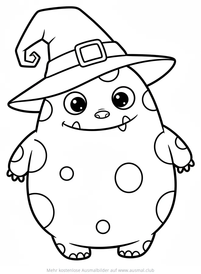 Gepunktetes Monster mit Hexenhut Ausmalbild