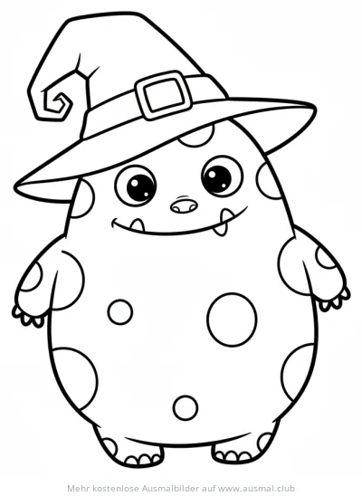 Gepunktetes Monster mit Hexenhut Ausmalbild