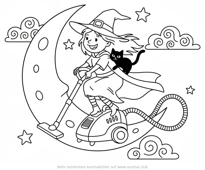 Hexe auf Staubsauger vor Mond Ausmalbild