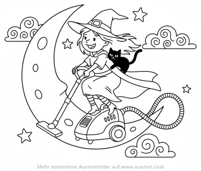 Hexe auf Staubsauger vor Mond Ausmalbild