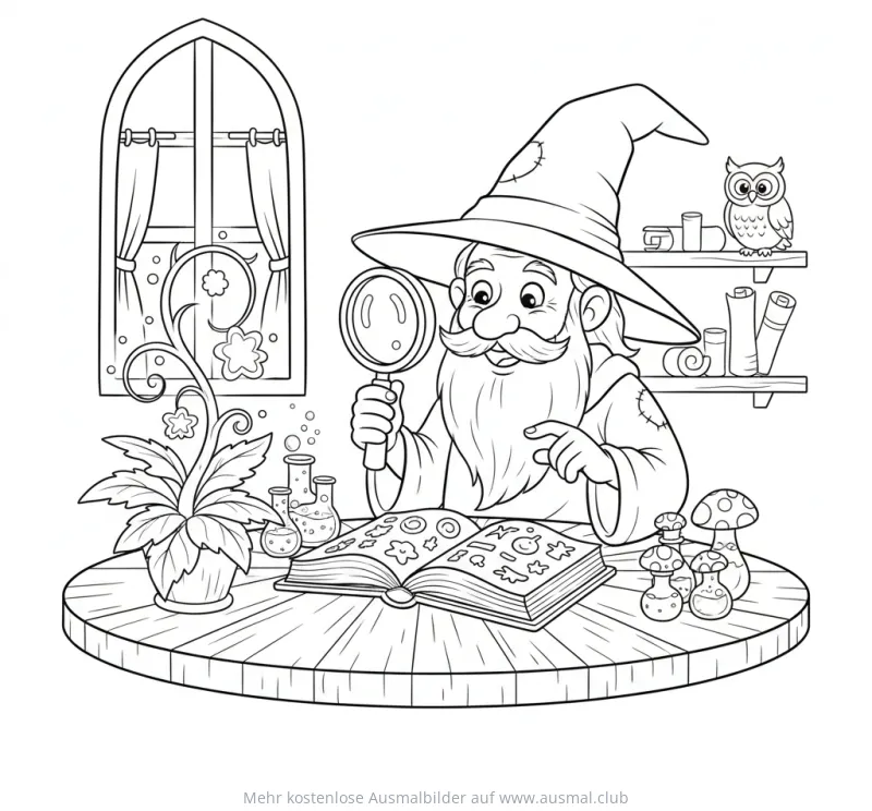 Zauberer mit Lupe und Zauberbuch Ausmalbild