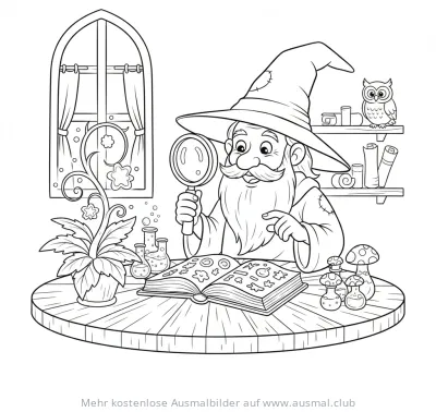 Zauberer mit Lupe und Zauberbuch Ausmalbild