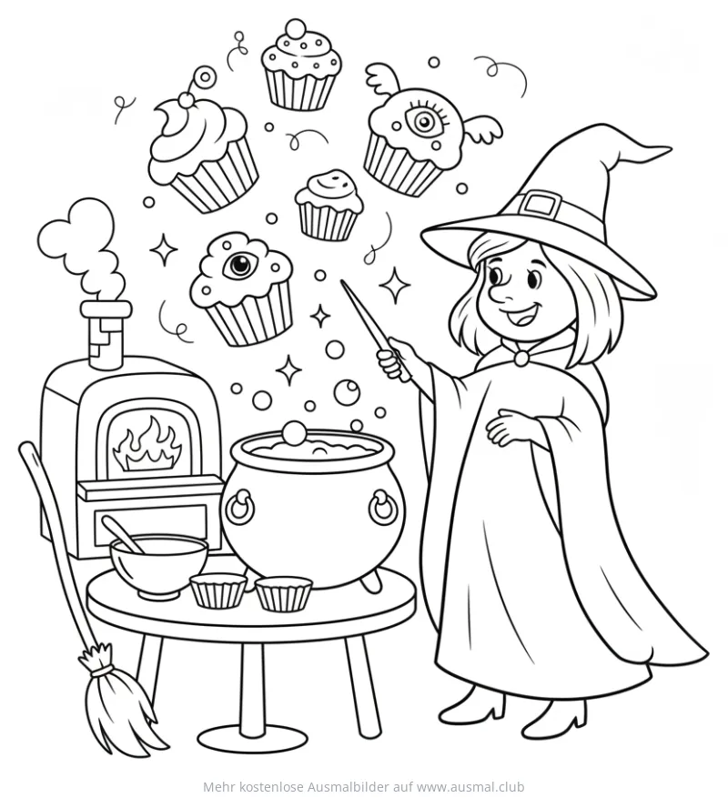 Hexe zaubert Cupcakes Ausmalbild