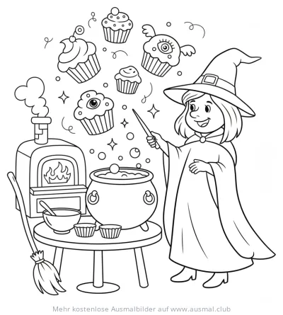 Hexe zaubert Cupcakes Ausmalbild