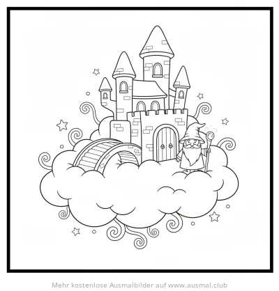 Zauberburg mit Zauberer auf Wolke Ausmalbild