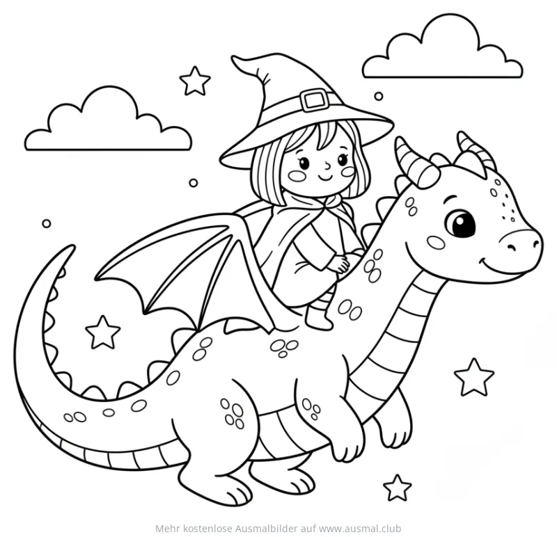 Hexe reitet auf einem Drachen Ausmalbild